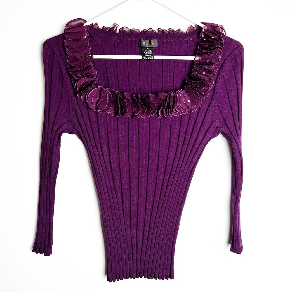 Evie - Purple Ribbed Long Sleeve Too with Flower Collar Detail - Sz. M